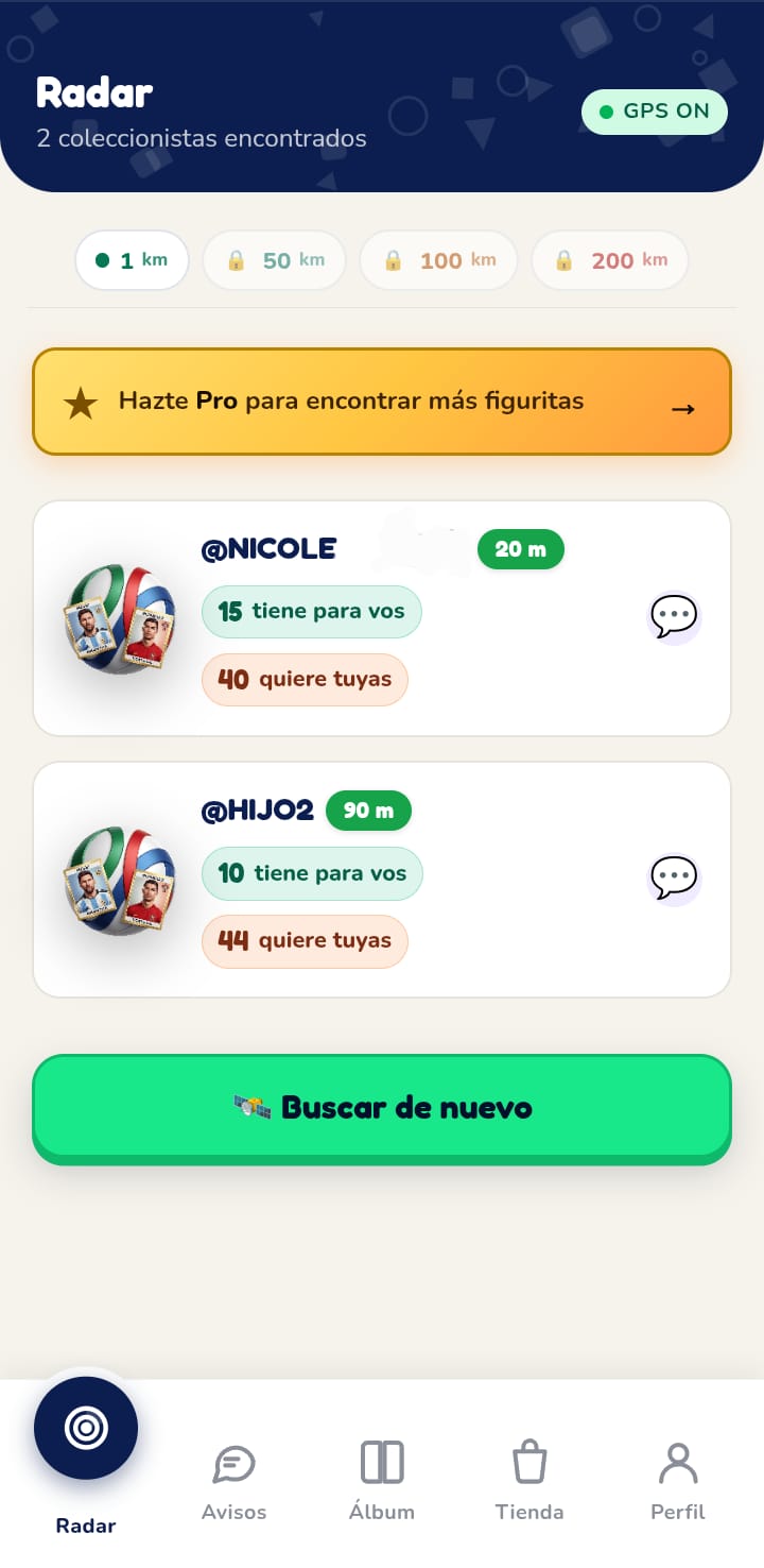 Radar mostrando coleccionistas cerca con sus matches