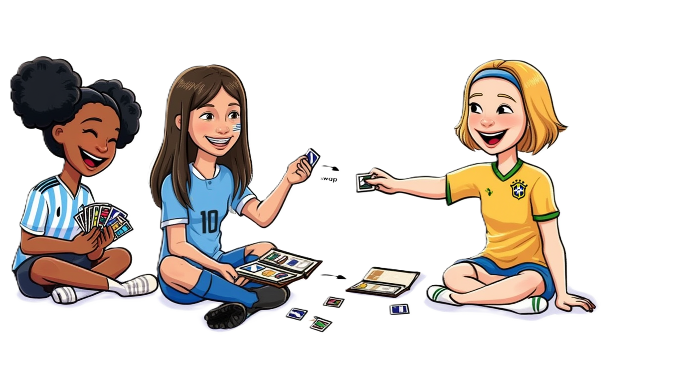 Tres niñas intercambiando figuritas del Mundial 2026